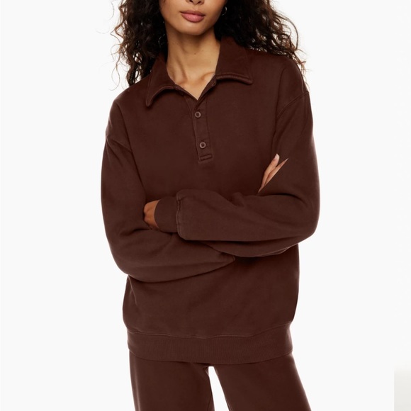 Aritzia Tna Cozy Fleece Boyfriend Polo Sweatshirt Rich Mocha - Picture 1 of 8